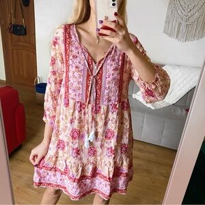 BOHO Floral Pink and Cream Dress With Tassel Detail 🌸